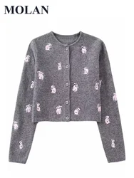 MOLAN Gray Woman Cardigan Rabbits Jacquard New Fashion Buton-Up New O Neck Casual Knitted Sweater Cute Pink Female Stylish Coat