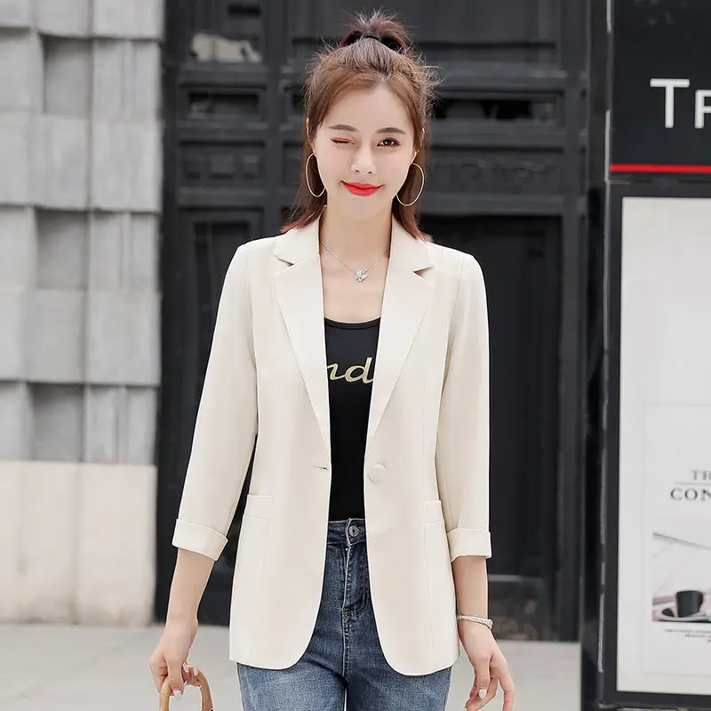 Three Quarter Sleeve Notched Skinny Blazers Solid Color Button Office Lady Business Casual Fashion Formal Women's Clothing 2023