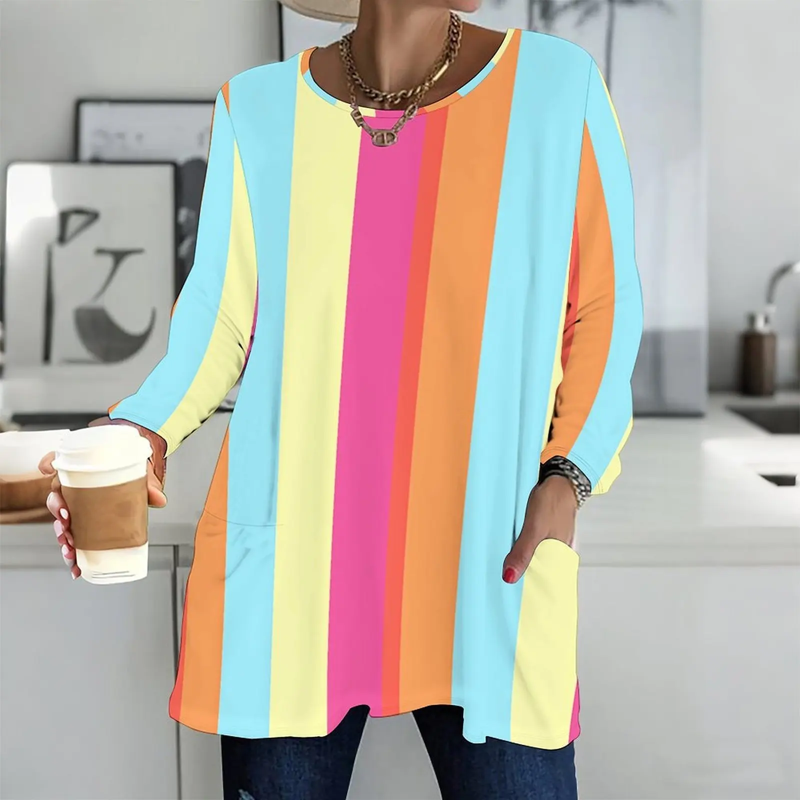 Printed Top for Women Round Neck Long Sleeve Front Pockets Loose Fit Longline 6