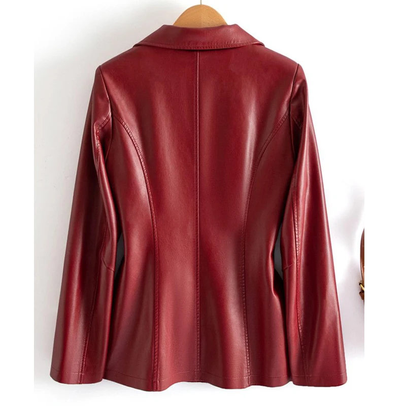 Jaket kulit domba mode merah anggur wanita lengan panjang mantel kancing sebaris kasual wanita ramping jaket kulit asli M-6XL 2024