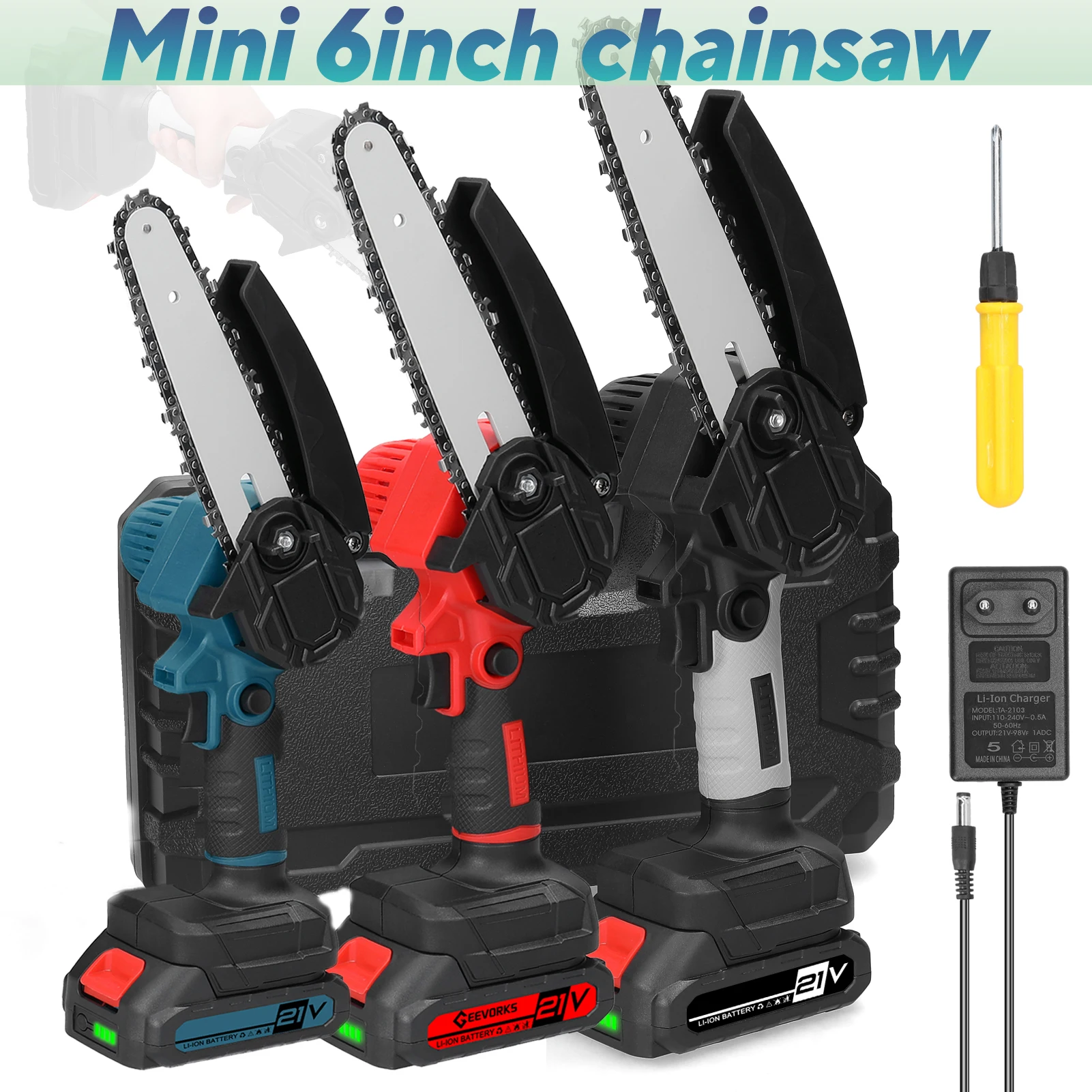 21-V-Akku-Mini-Elektrokettensäge, 6-Zoll-Klinge, ultrakompaktes und leichtes Design zum Trimmen von Bäumen, Buschschneiden und Outdo