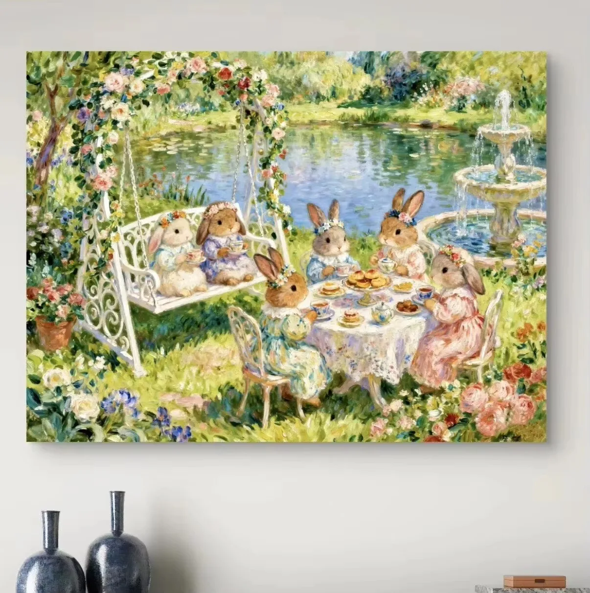 DIY 5D Diamond Painting, Cute Bunnies Garden Tea Party Art, Hobby Craft for Home Wall Decor, Ideal Gift for Art Lovers