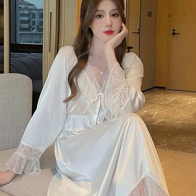 Women Nightdress Home Clothes Girl Long Sleeve Nightwear Lace V Neck Sleepwear Princess Style Gauze Nightgown Satin Night Dress