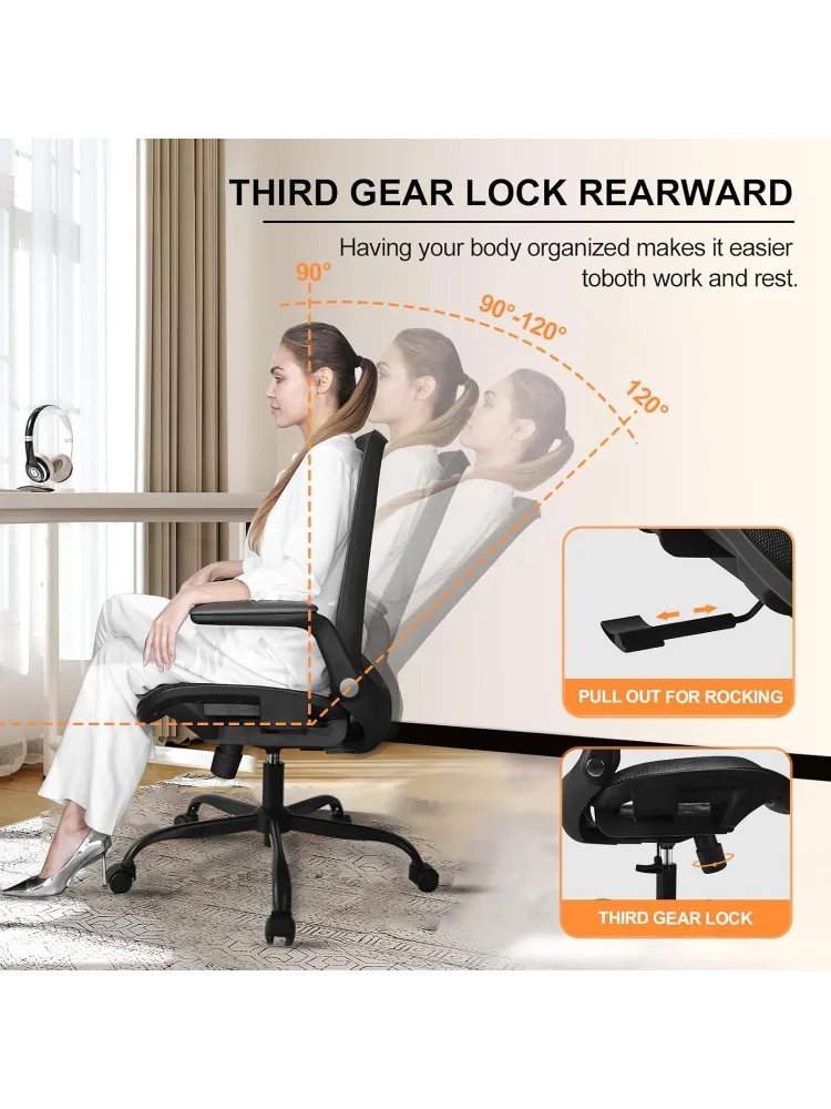 Ergonomic Office Chair, Comfy Mesh Computer Desk Chair, Mesh Back Adjustable Lumbar Support, Tilt Function，Flip-up Armrests