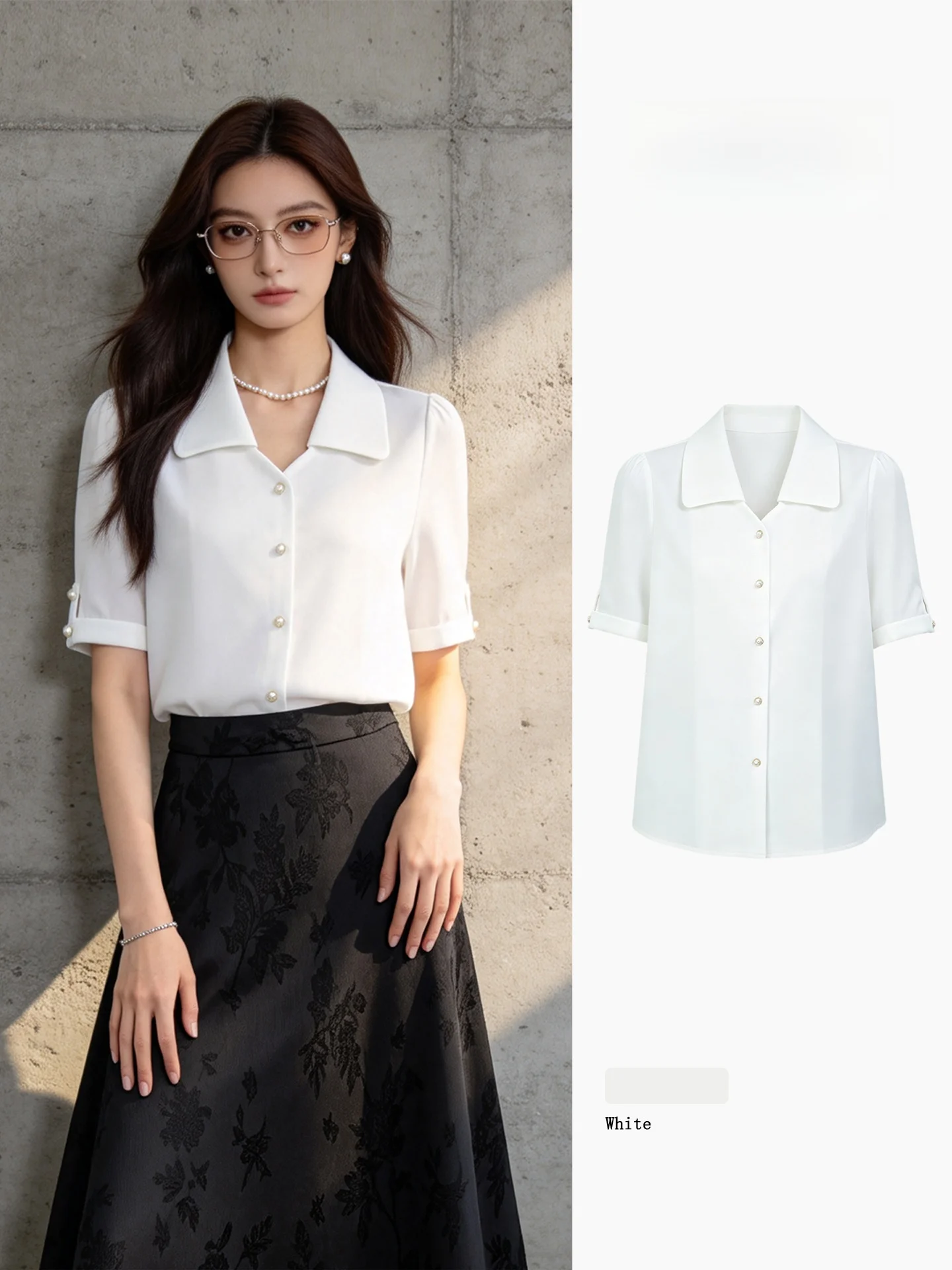 

Commute Style Women's Short Sleeve White Shirt Summer Chiffon Turn-down Collar Slimming Versatile High-end Feel Professional Top