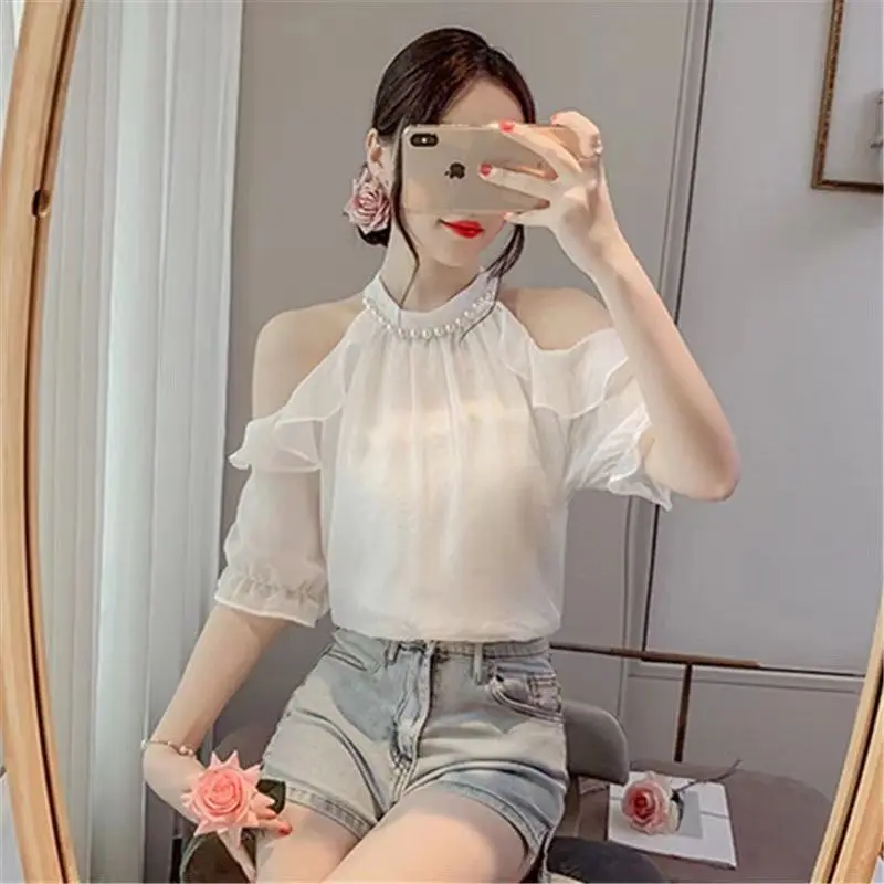 Women's Summer Fashion Elegant Solid Color Simplicity Off Shoulder Short Sleeve Shirts Women Clothes Casual Temperament Tops