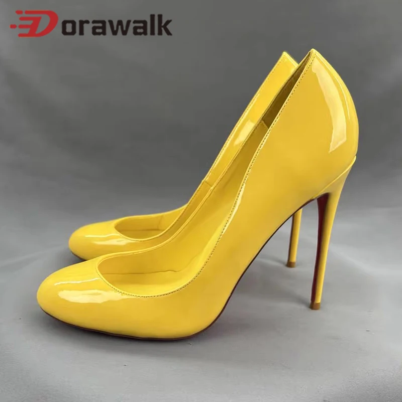 

NEW Shiny Yellow Woman High Heel Chic Yellow inside Pumps Wife Gift Glossy Patent Shallow Mouth Round Toe Ladies Shoes 12CM