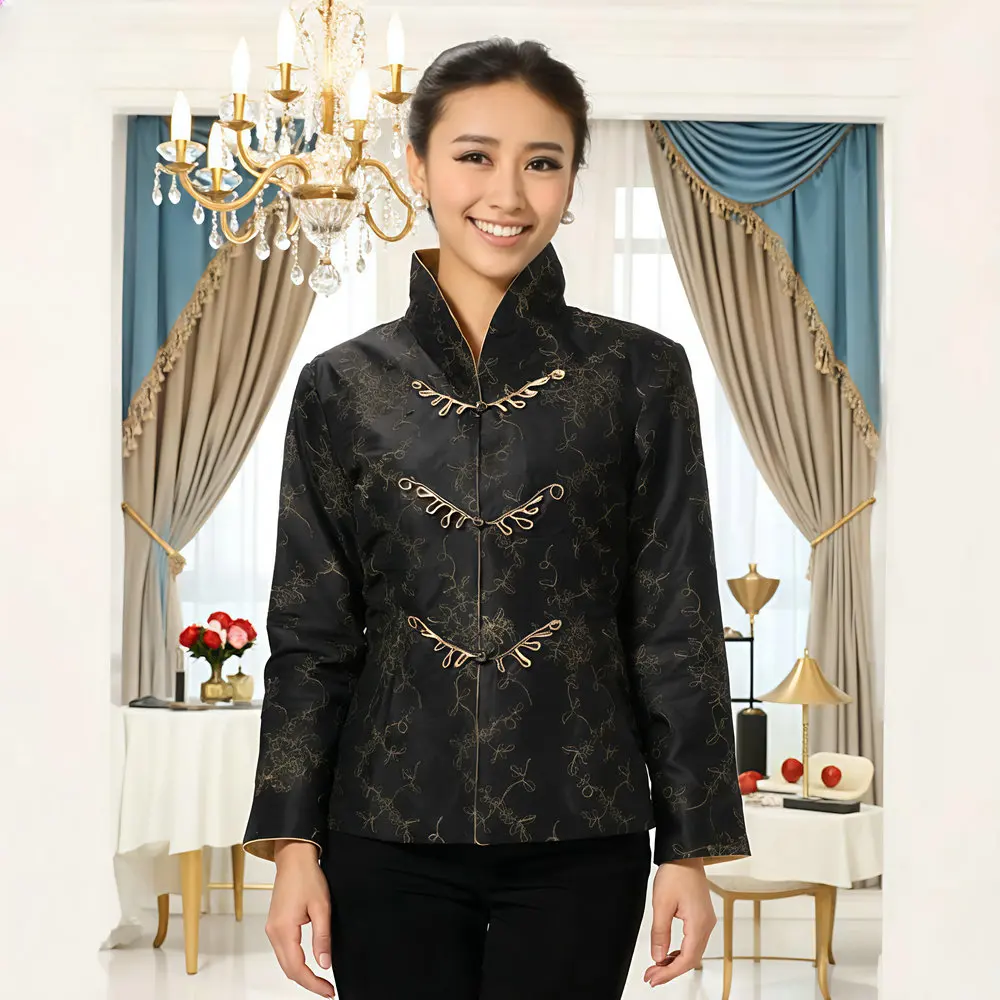 

Women's Chic Tang Jacket Black Red Gold-thread Embroidery Custom Knot-button Coats Lady Elegant Attire Clothes New Chinese Style