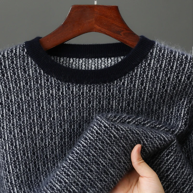 

Trendy Men's 100% Cashmere Pullover High Quality Knitted Sweater Loose Round Neck Tops Thick Luxury Brand Streetwear Pull Jumper
