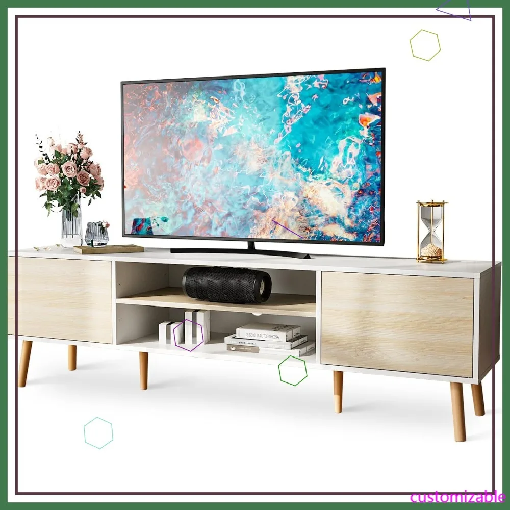 

Тумба под телевизор 75 дюймов с местом для хранения, современный медиацентр, ножки из белого дуба для гостиной