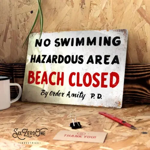 No Swimming Amity PD Metal Sign - Retro Movie Shark Beach Closed Jaws-Aluminum