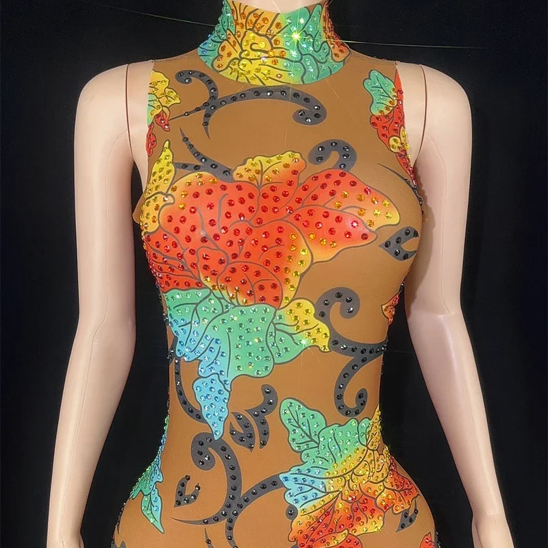 フルラインストーンプリントジャンプスーツノースリーブダイヤモンドゴーゴーダンサー衣装女性ジャズ衣装ステージショーフェスティバル服 XS6385