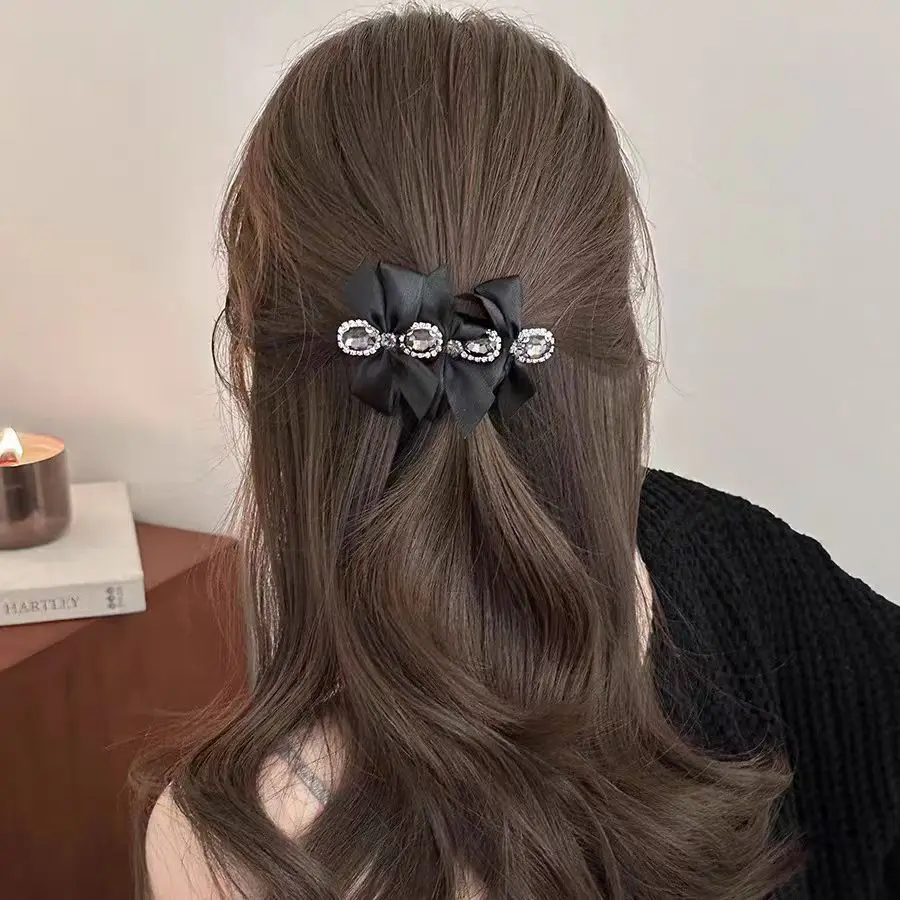 

2025 New Arrival Luxury Shiny Rhinestone Fabric Bow Spring Hair Clip - Elegant Women's Fashion Hair Accessories