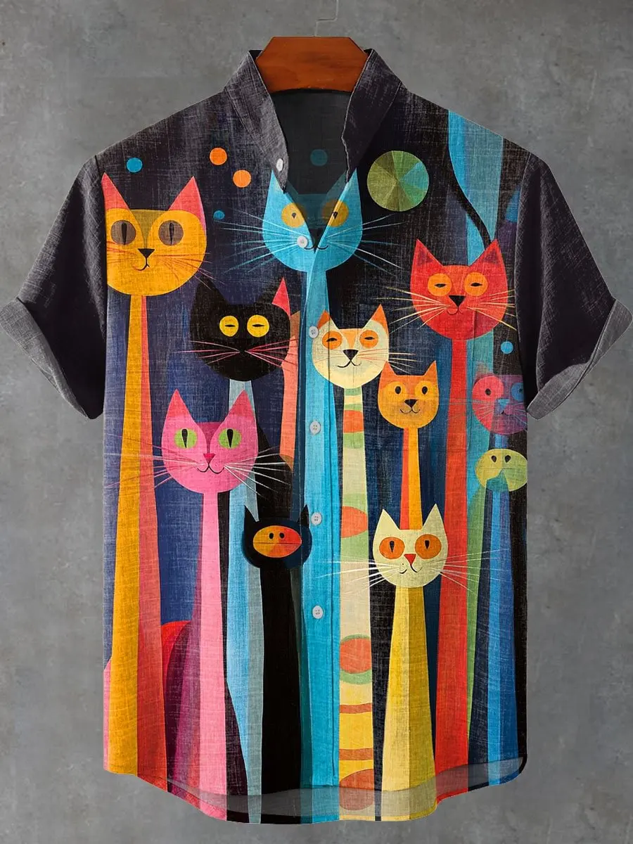 2025 Men's New Cat Linen Short Sleeve with Summer Comfortable Fabric Button Top Fantasy Cat Pattern Print - Image 5