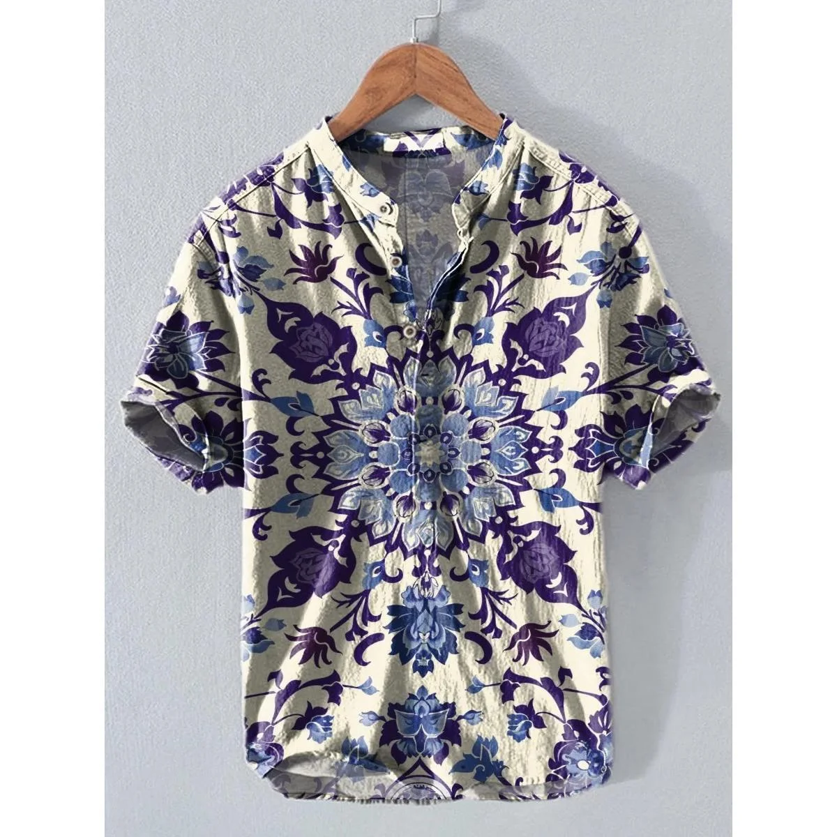 New floral pattern art print high quality shirt, linen shirt street fashion casual shirt, comfortable and breathable fabric quic