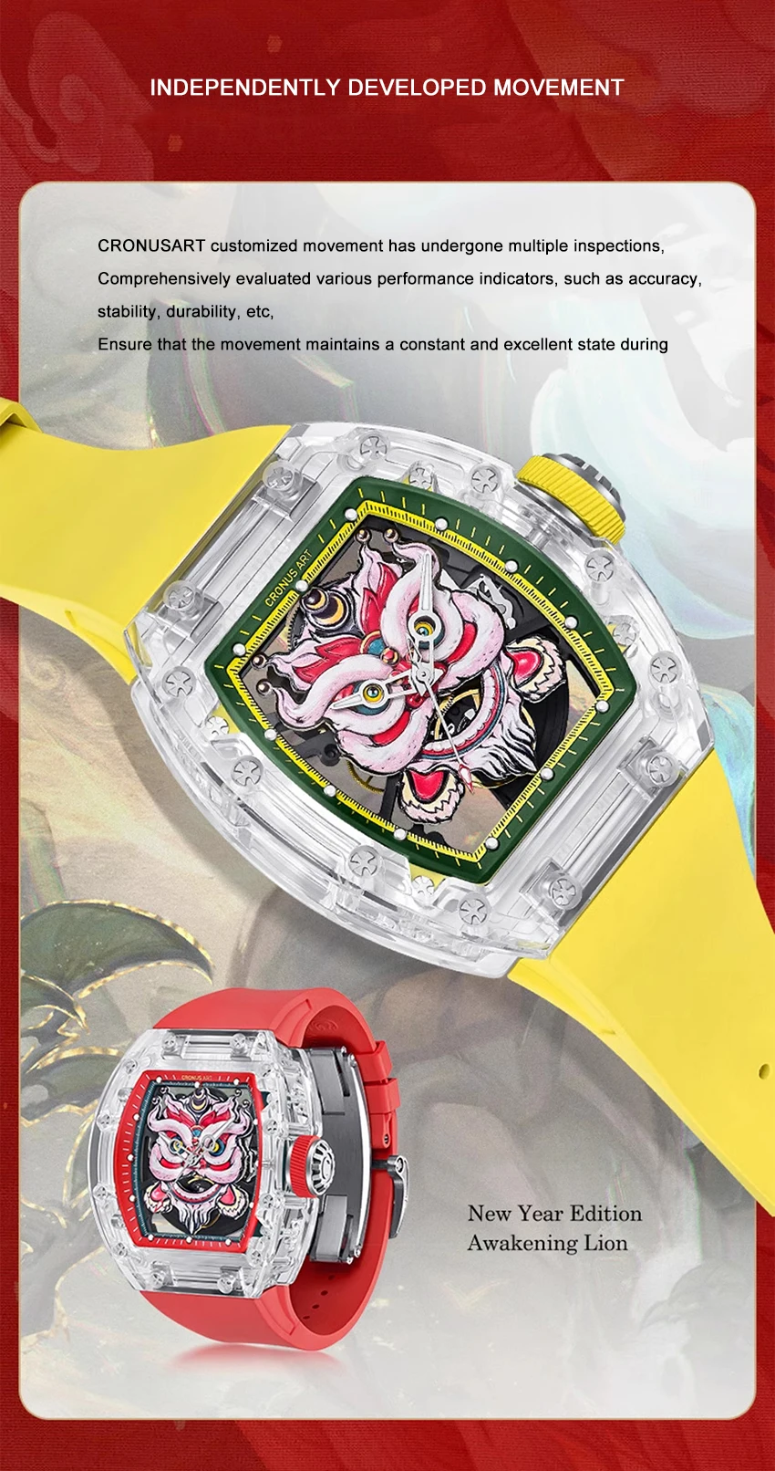 Cronusart-自動サファイアケース付き機械式腕時計,50mm x 42mm,フルオロラバーストラップ,トーノケース,ライオンダイヤル