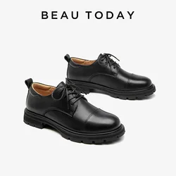 Beau Today Derby Shoes Women Round Toe Lace Up Genuine Leather Square Heel Casual Female Oxford Handmade 21529