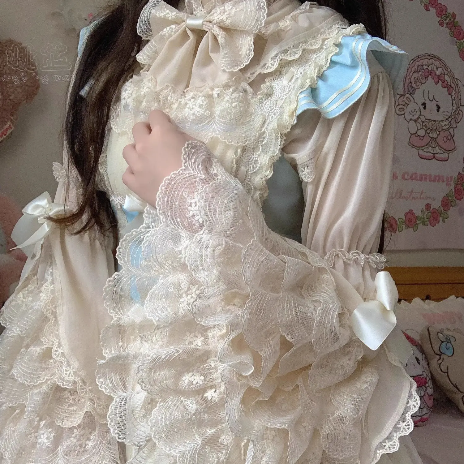 France Lolita Shrit Flared Sleeves Cape Y2k New Spring Autumn Girl Lace Princess Jsk Cake Party Blouses White Pink Shirts Bow 4