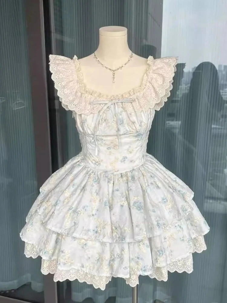 Lolita Zoete Bloemen Jurk Vrouwen Slanke Vliegende Mouw Elegante Leuke Mini Jurk Vintage Casual Kant Patchwork Kawaii Vestidos