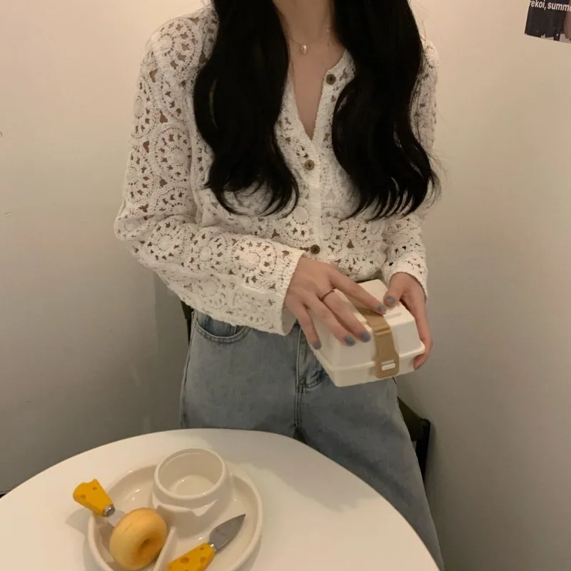 Hollow out sun cardigan top for women summer 2023 casual solid loose long sleeved hook lace small shirt short cardigan female