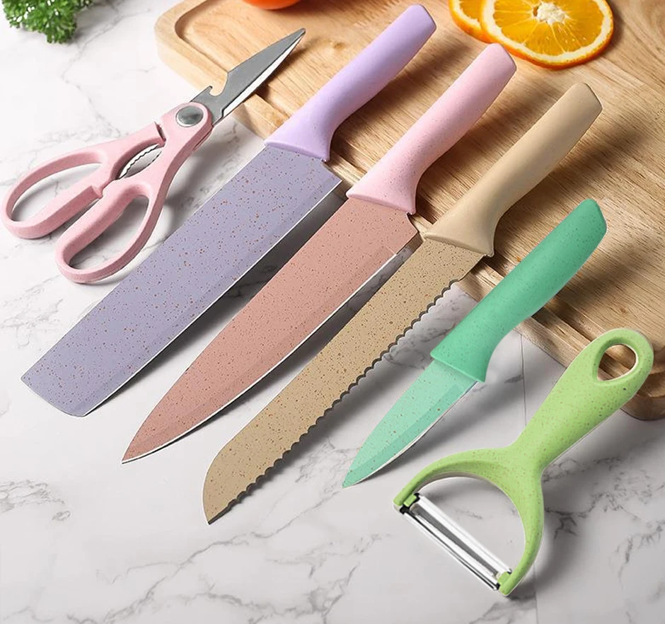 6PCS Kitchen Knives Set Chef Knives Bread Knife Meat Cleaver Fruit Peeler Slicer Scissor Set Macaron Color Stainless Steel