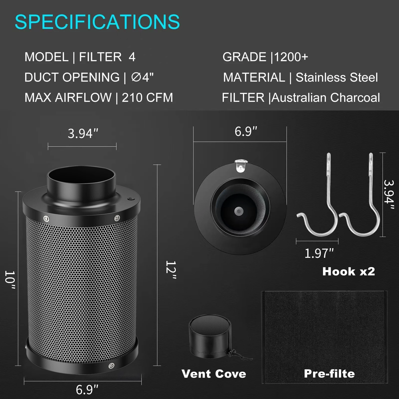 مجموعة فلتر هواء كربون 4/ 6 بوصة لخيم النمو - إزالة الروائح بنسبة 99% مع فحم عذراء أسترالي، شفة قابلة للعكس وكان #6