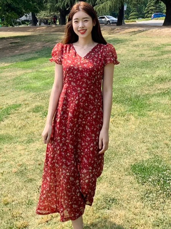 

Floral Print ort Sve V-Ne Red Dr Women's Summer Faion Waist-Cinching Long Dr Commute Sle Regular Fit Midi Dr