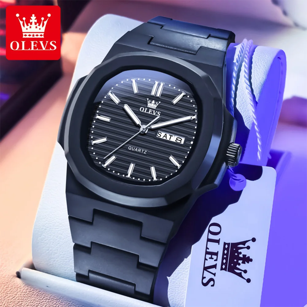 

OLEVS Mens Watch Original Quartz Watch Silicone Strap Week Calendar Square Watch Waterproof Luminous Watch For Man Gifts Box