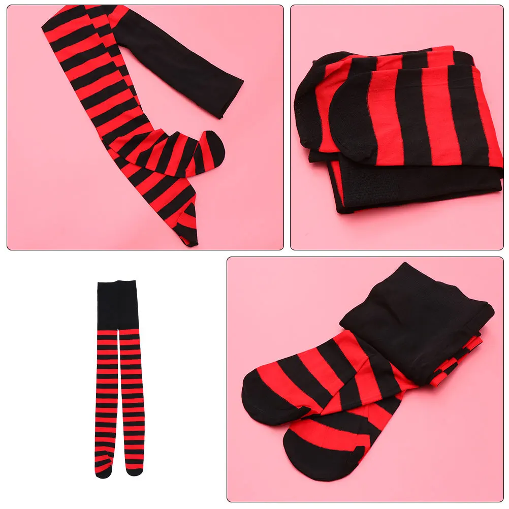 

2 пары красных, черных полосатых носков, праздничные длинные рождественские чулки выше колена, праздничные вечерние костюмы для косплея, аксессуары, зима