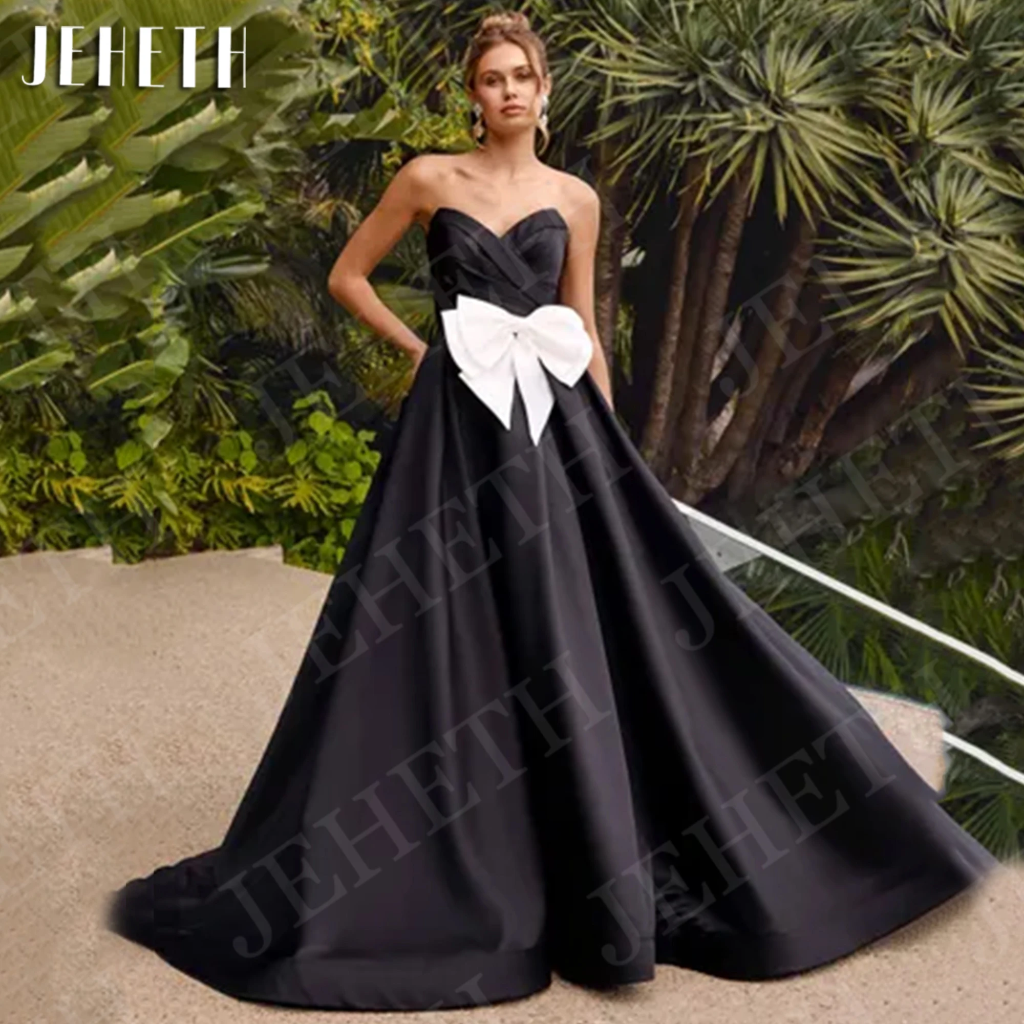 JEHETH Satin Evening Dress Elegant Celebrity Black A Line Floor Length Formal Occasion Dresses Customized vestidos de fiesta