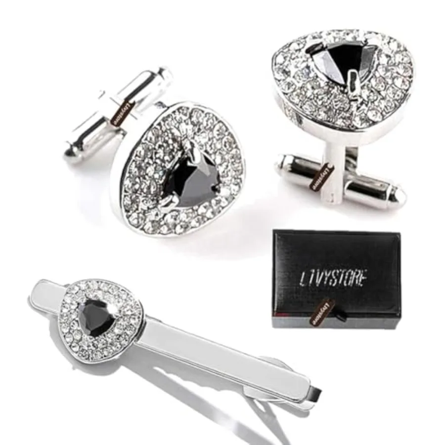 Luxury Black Crystal White Rhinestones Heart Cufflinks for Women Men Shirt, Ltvystore Jewelry Trendy Geometric Cuff Links Butto