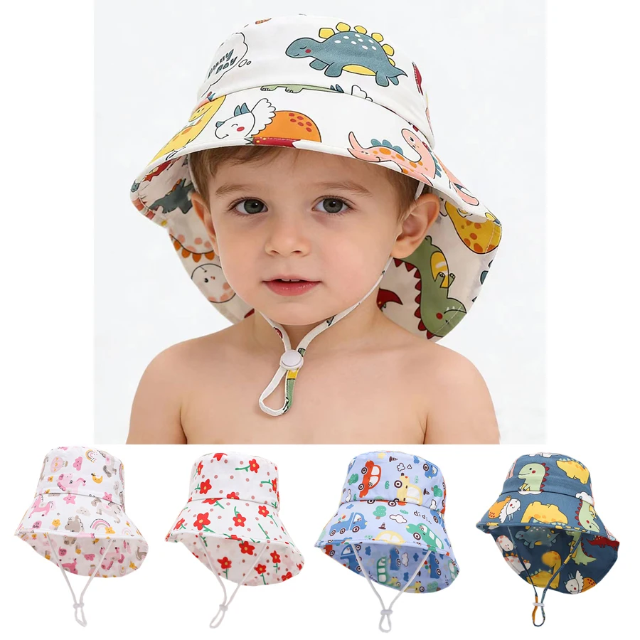 

Big Brim Baby Sun Hat Summer Kids Bucket Hat For Girls Boys Cartoon Print Panama Mesh Children's Beach Shawl UV Protection Cap