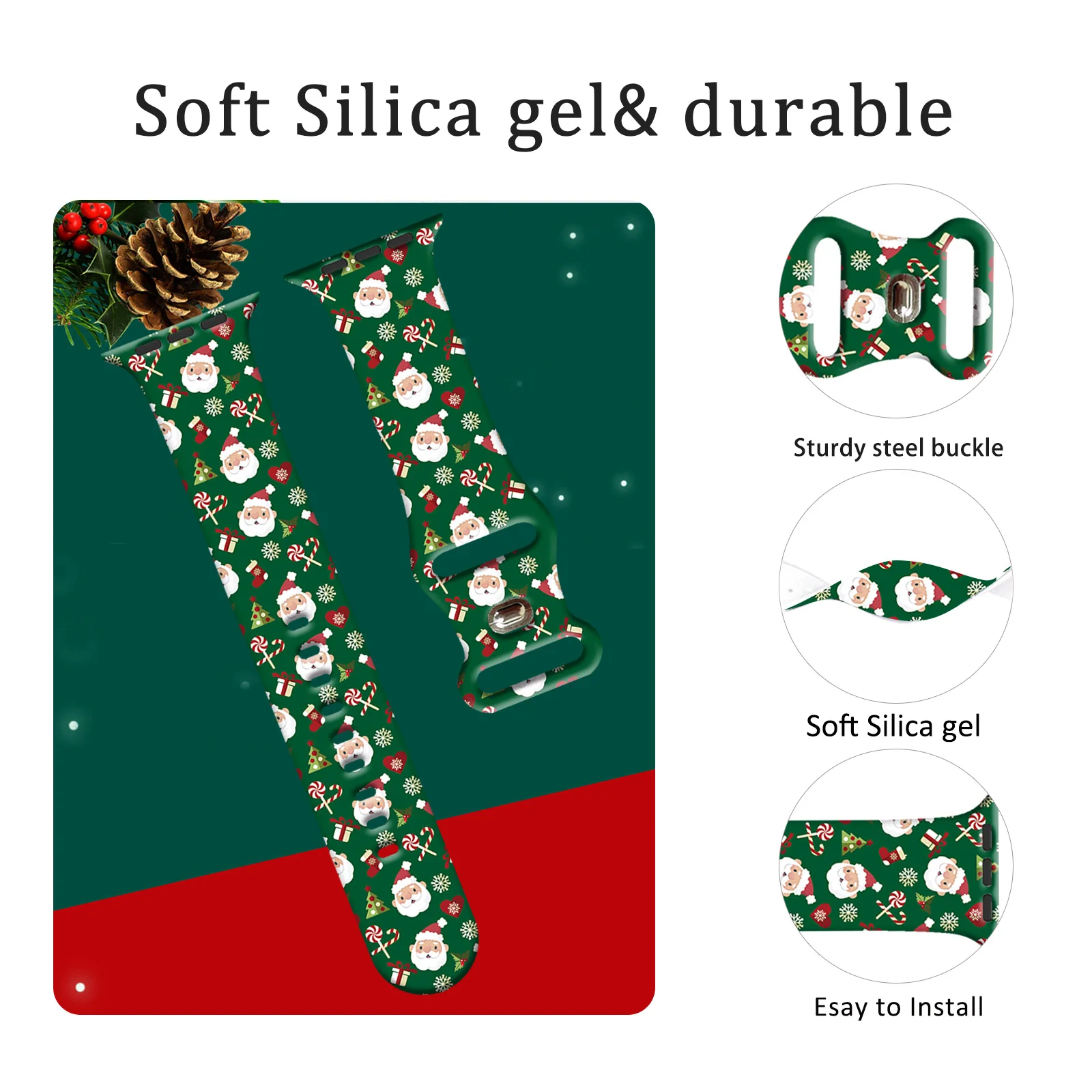 Colorful Christmas Print Series Watchband for Apple Watch 11/10/9/8/SE, Soft Waterproof Replacement Silicone Band 45mm/44mm/42mm