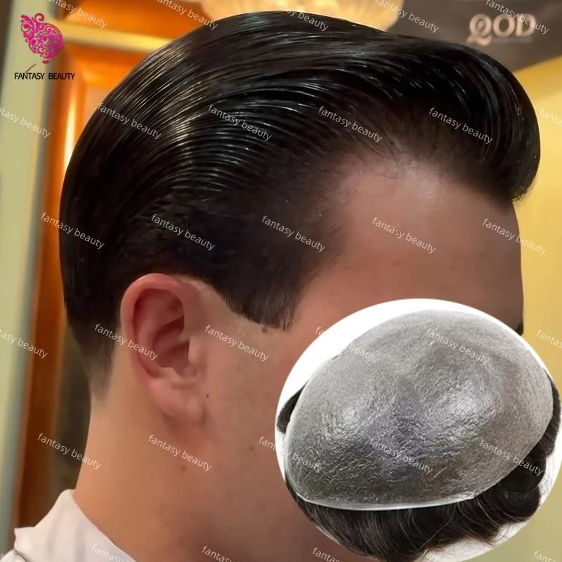 

80% Плотность 0,02-0,03 мм V-образная петля Ультратонкая кожа Натуральная линия волос Мужской парик 1B80 # 1B65 Система капиллярного протеза седых человеческих волос