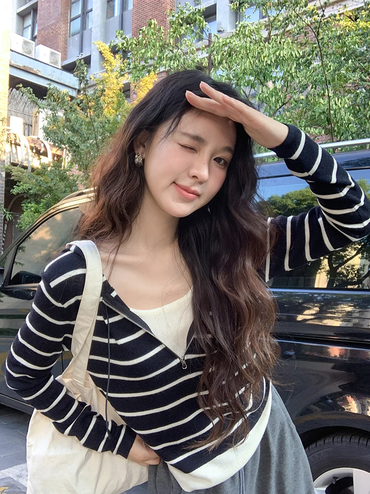 

Women's Knitted Zipper Hoodie Stripe Design Casual Long Sve V-Ne Fake Two-Piece Sle Comfortable Fit Faionable Autumn...