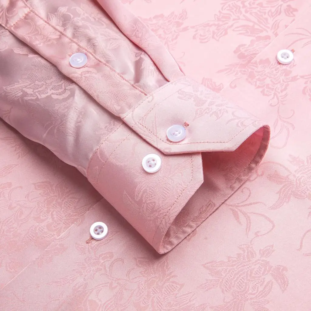 Hi-Tie Salmon Pink Lilac Silk Satin Mens Shirts Lapel Collar Solid Long Sleeve Dress Shirt Soft Blouse for Male Wedding Business