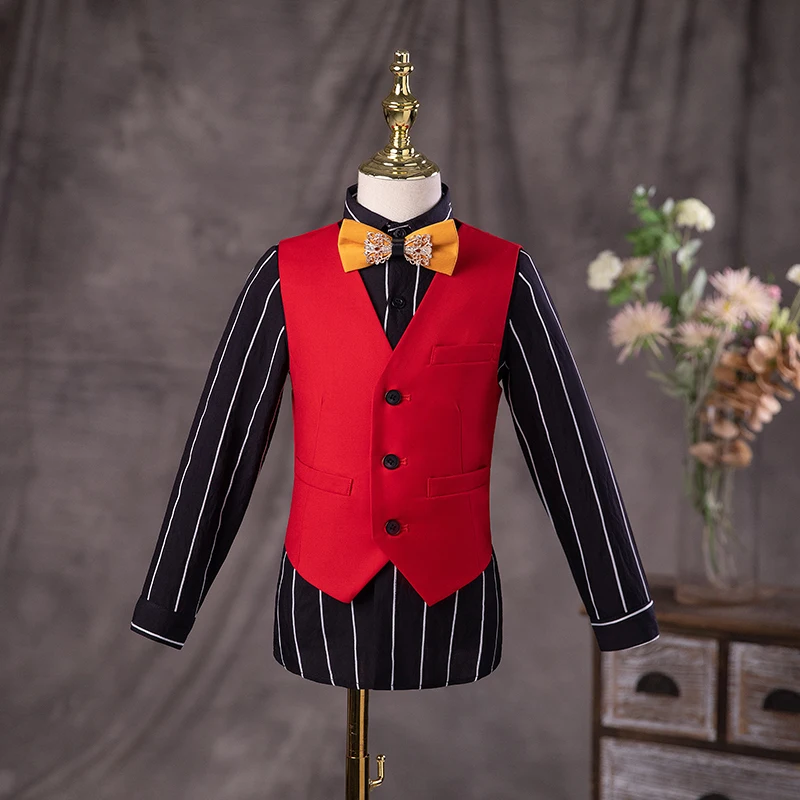 Flower Boys Red Wedding Suit Kids Jakcet Vest Pants 3PC Formal Birthday Dress Children Graduation Photograph Performance Costume