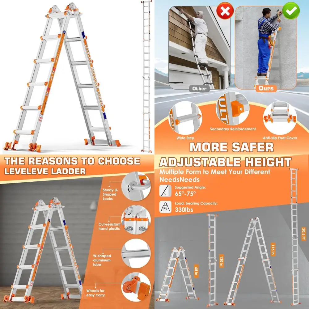 سلم تمديد متعدد المواضع بطول 22 قدمًا مع 5 خطوات، وقضيب تثبيت وعجلات، وسعة تحميل 330 رطل لتحسين السلامة #1