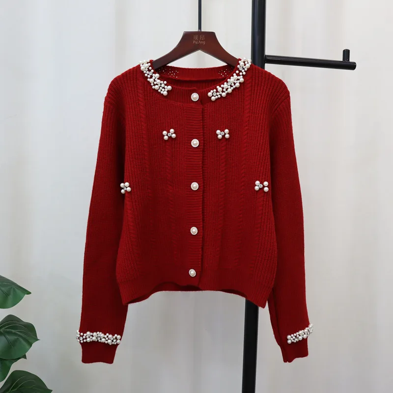 [EWQ] Sweet Casual Style Pearls Design Single Breasted Knitted Cardigan Sweater Beautiful Women Clothing 2024 Autumn New 16O1290