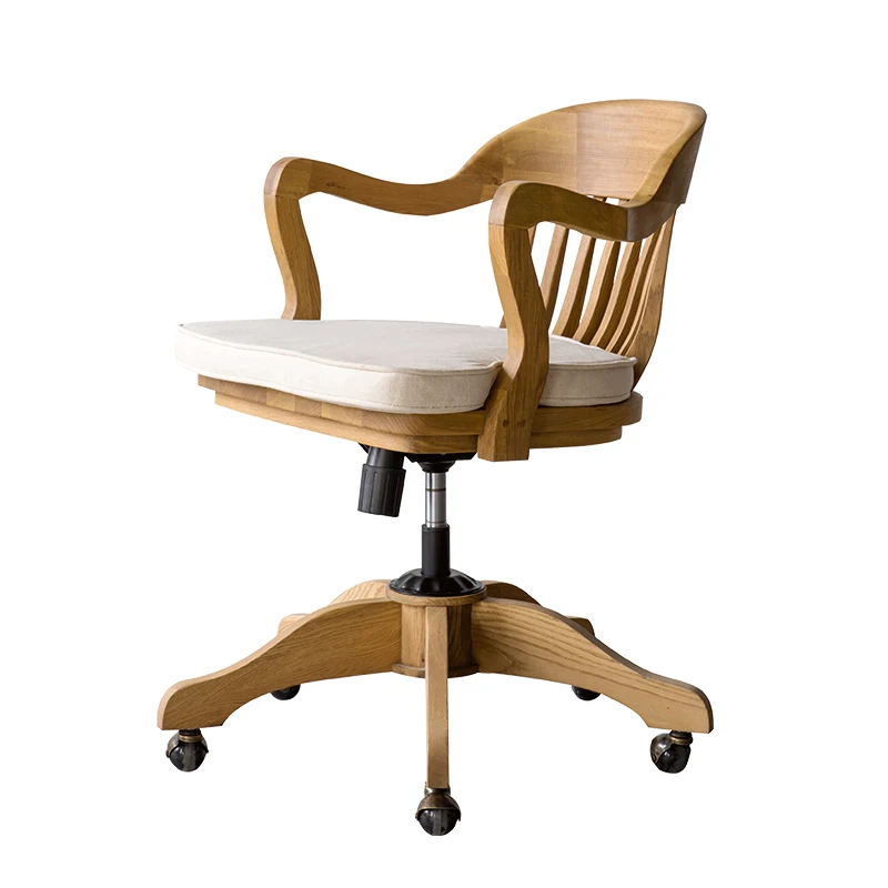 

zqSolid Wood Oak Swivel Chair Computer Chair Office Chair American Retro European Style Cushion