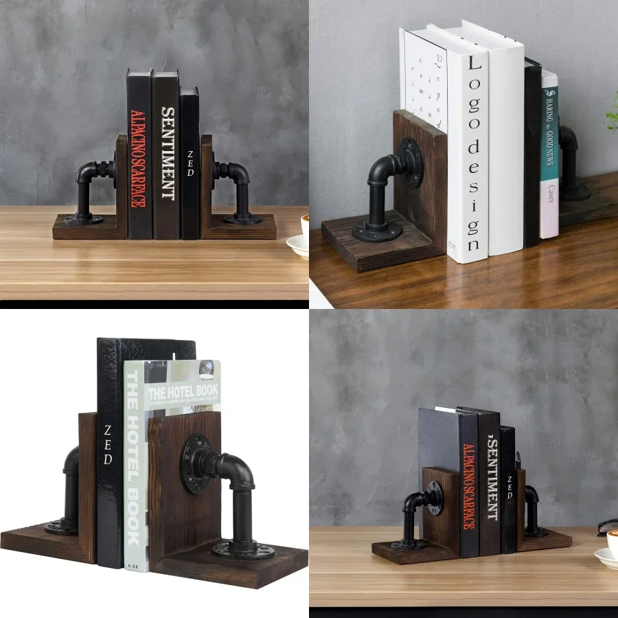 مساند كتب معدنية للكتب الثقيلة مع تصميم أنابيب صناعية واقعية في سدادة كتب خشبية مزخرفة باللون البني الداكن للمكتب المنزلي #1