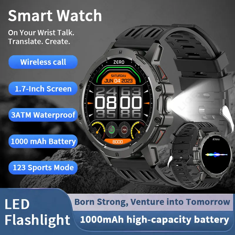 

LIGE 3ATM Waterproof Fitness Sports Tracker 1.7“ HD Smart Watch 1000mAh Battery Bluetooth Call LED Flashlight Smartwatch Men
