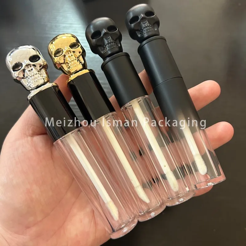 50Pcs 빈 독특한 해골 블랙 골드 슬리버 해골 탑 클리어 립글로스 튜브 포장 용기 완드 5ml 할로윈