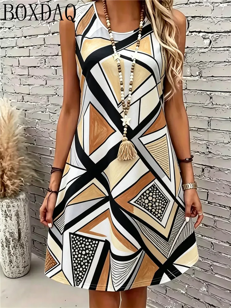 Ladies' fashionable casual geometric abstract design printed round neck sleeveless A-line loose summer dress 2026