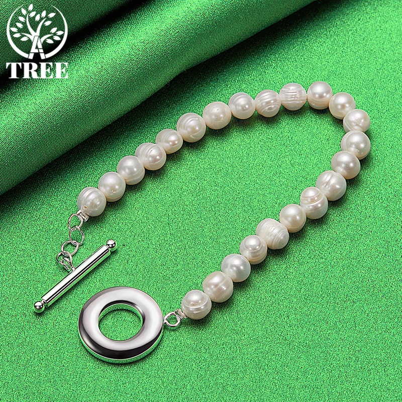 ALITREE 925 Sterling Silver Natural White Pearl Bracelet For Women Party Engagement Wedding Fashion Charm Jewelry Christmas Gift