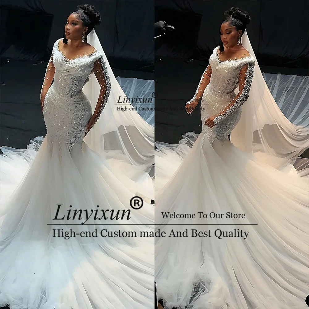 

Romantic Pearls Wedding Dresses 2025 Tulle Mermaid Bridal Gowns Long Sleeves Bride Dress Woman Customized hochzeitkleider damen