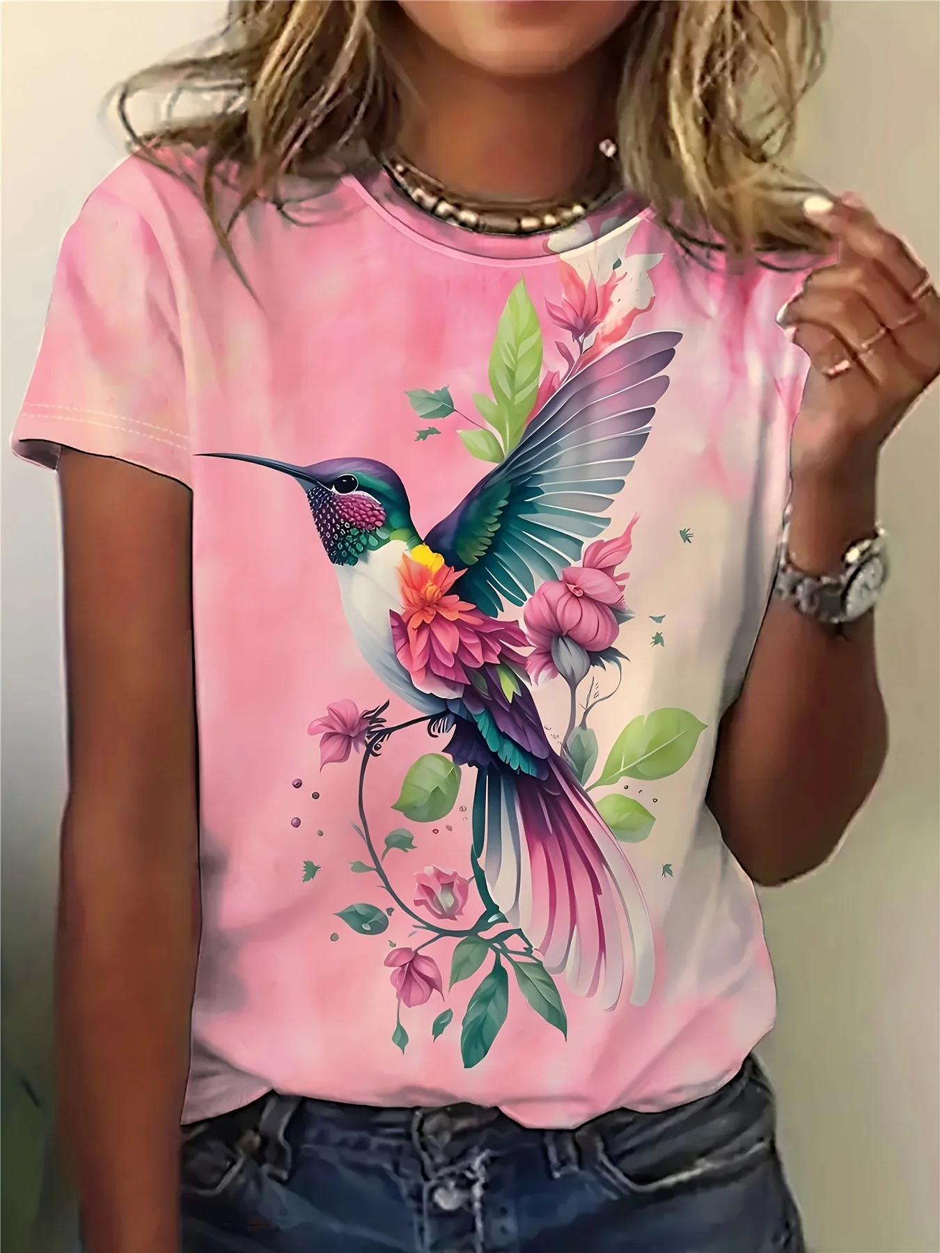 Pink Tie-Dye Women's Tee - Hummingbird & Floral Graphic, Vibrant Tropical Bird Print Design for Casual Daily Wear