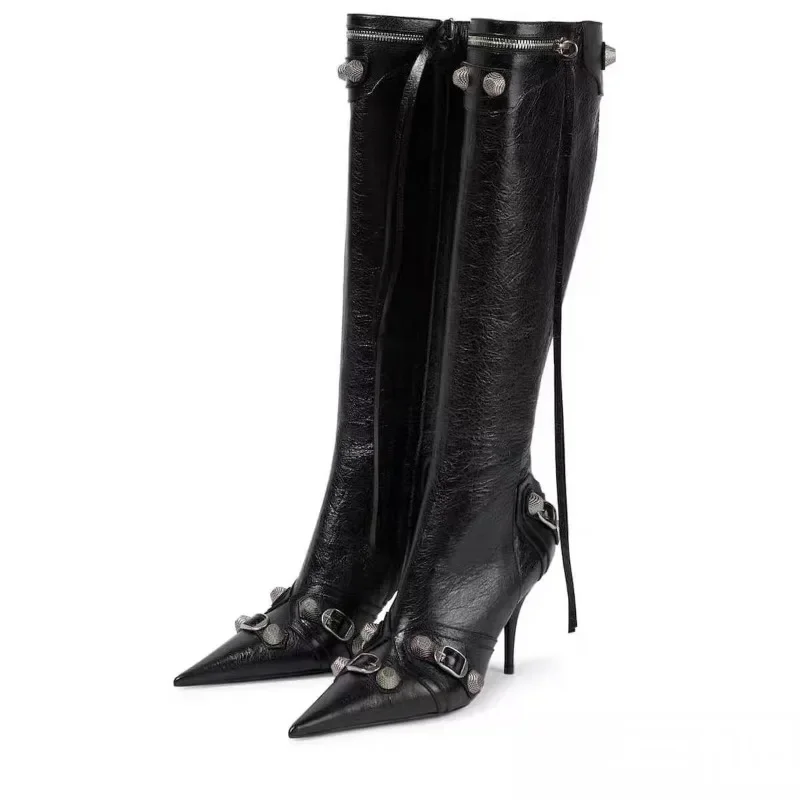 Sexy Knee High Boots 2024 Winter Boots Brand Design Super High Thin Heels with Rivet Retro Fashion Cool Women Shoes Big Size 40