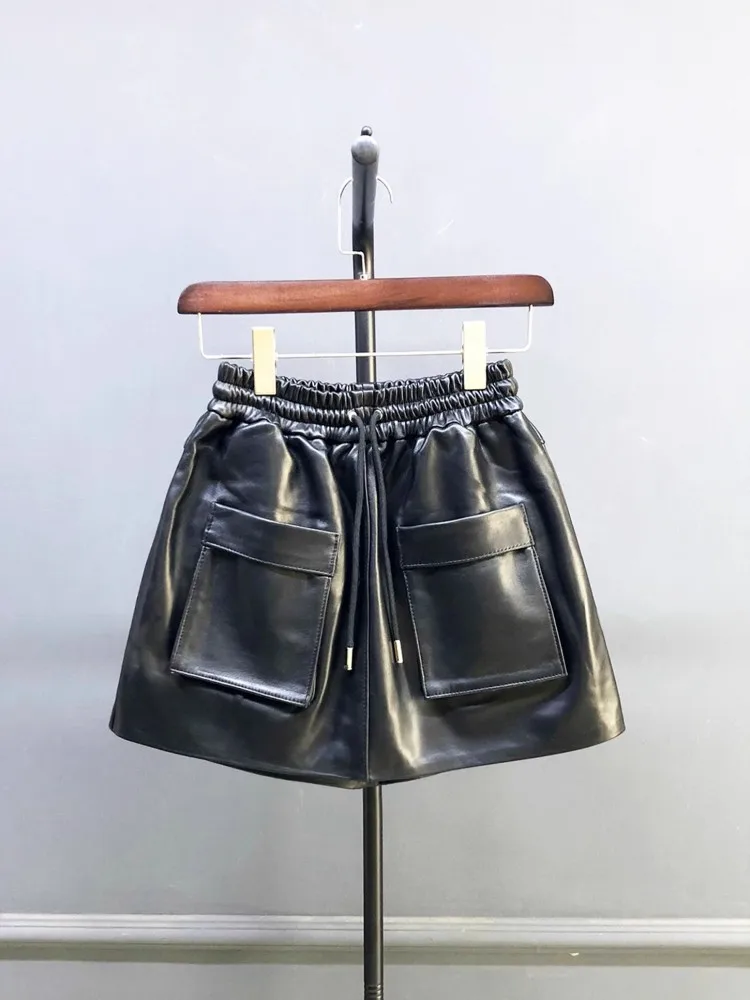 Novo outono natural pele de carneiro cintura elástica shorts saias a linha bolso perna larga casual acima do joelho mini saia de couro genuíno 4xl