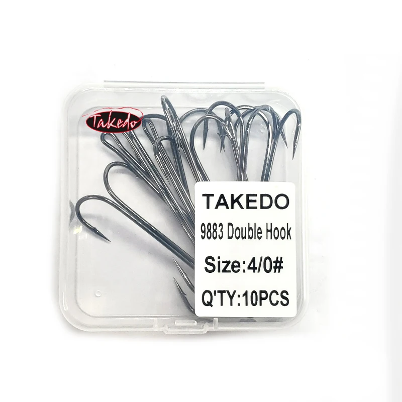 TAKEDO 10 Uds 9883 anzuelo de pesca doble de vástago largo doblado redondo, anzuelo de pesca de púas de níquel negro de acero al carbono para